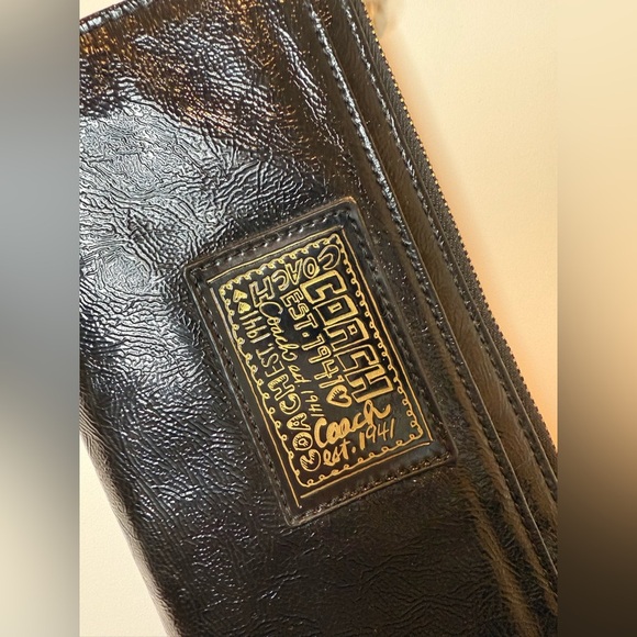 Coach Black Textured Leather Gold Poppy Wallet Wristlet Zip Around Accordion - Picture 4 of 7